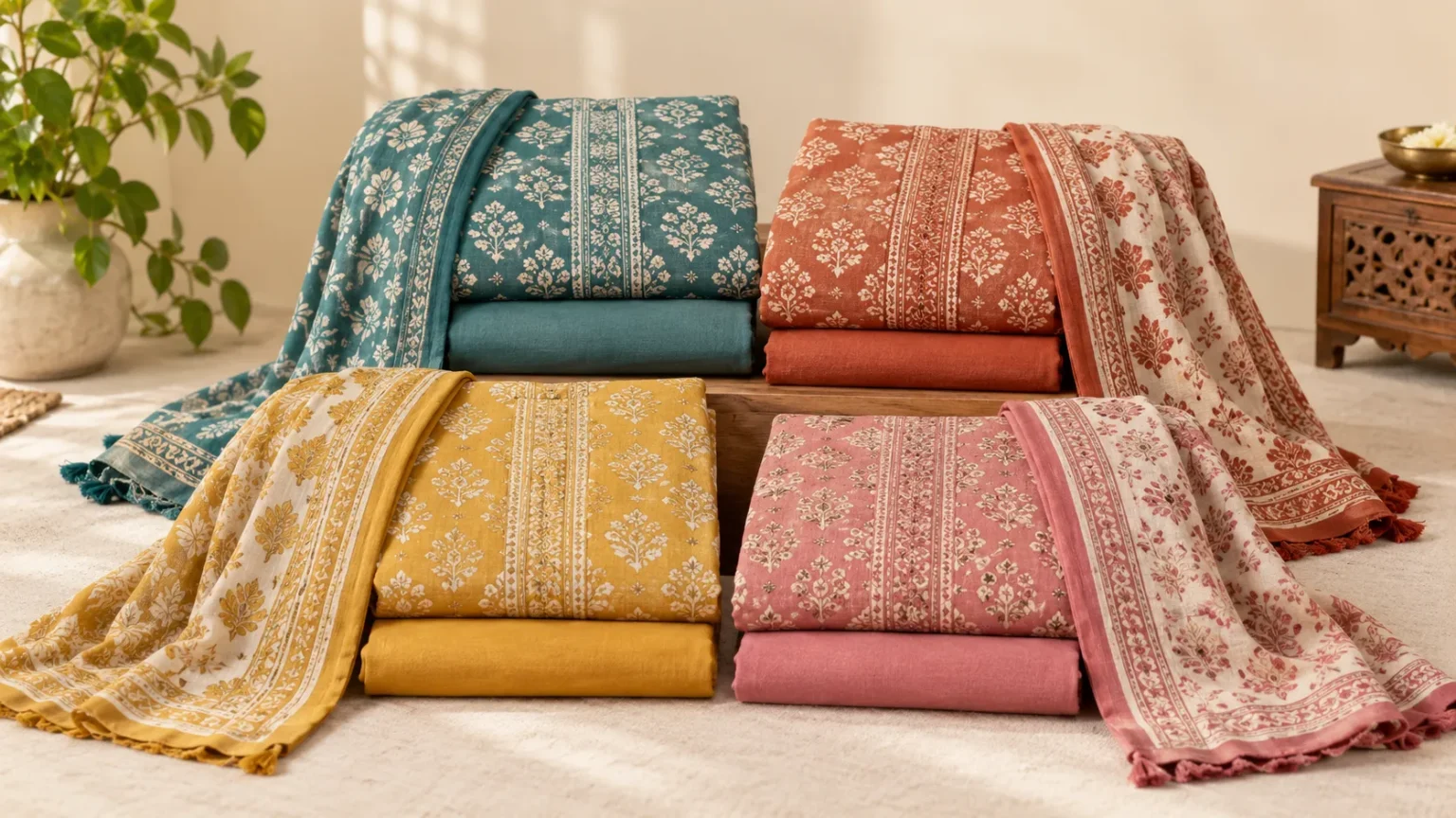 Dress material fabrics displayed for women's outfits