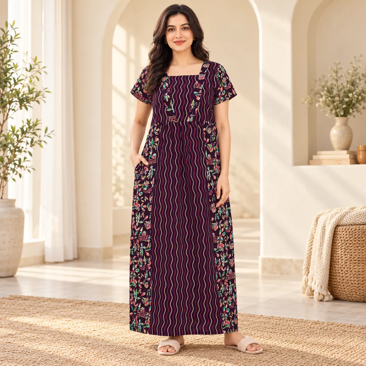 Woman wearing a Pranjul nighty from the women's nightwear collection