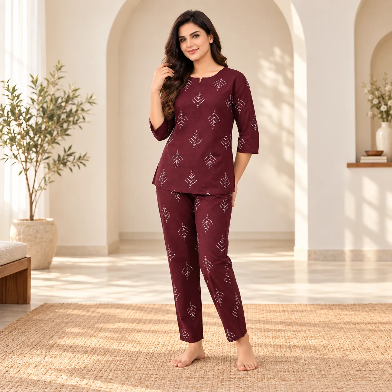 Woman wearing a two-piece night suit