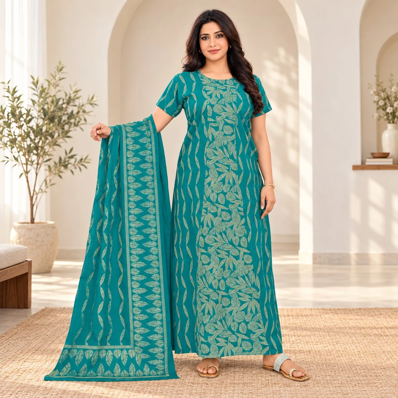 Woman wearing a nighty with matching dupatta