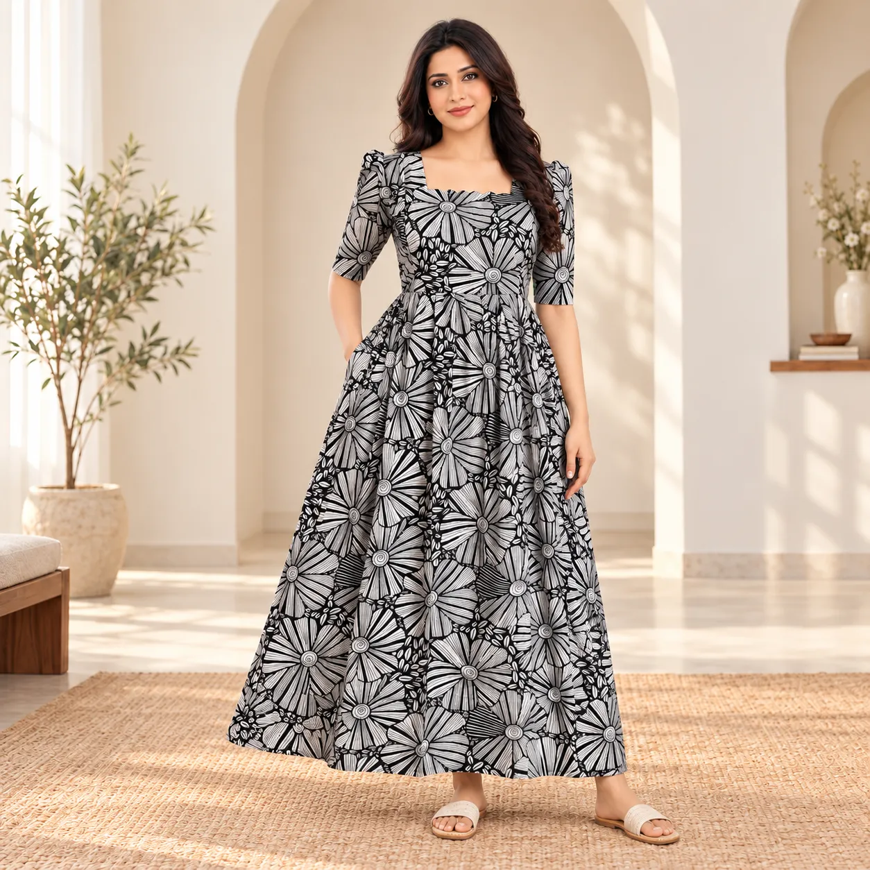 Woman wearing a frock-style nighty