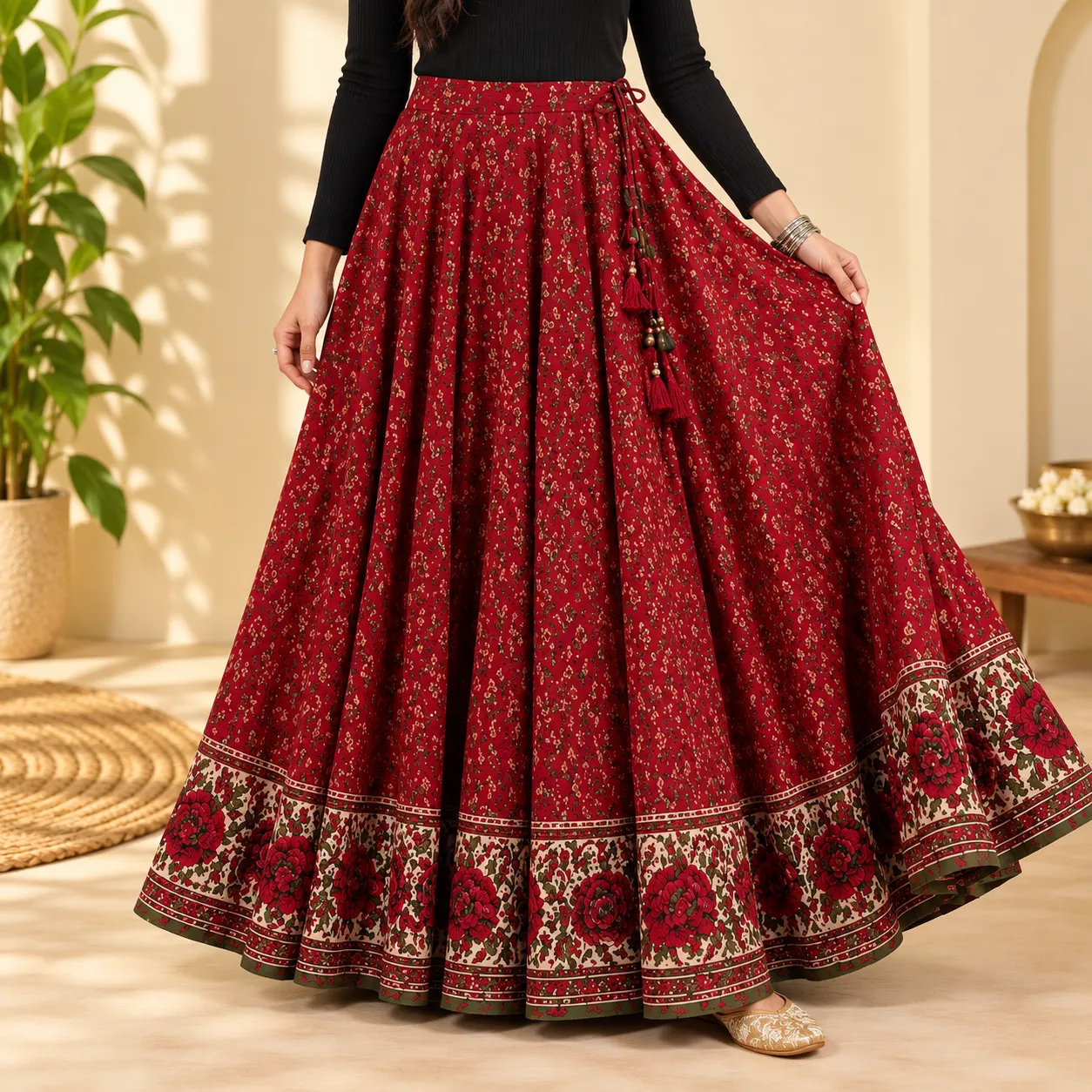 Woman wearing a skirt from the women's collection