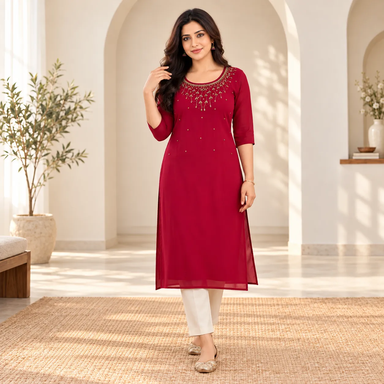 Woman wearing a designer kurti with decorative embroidery